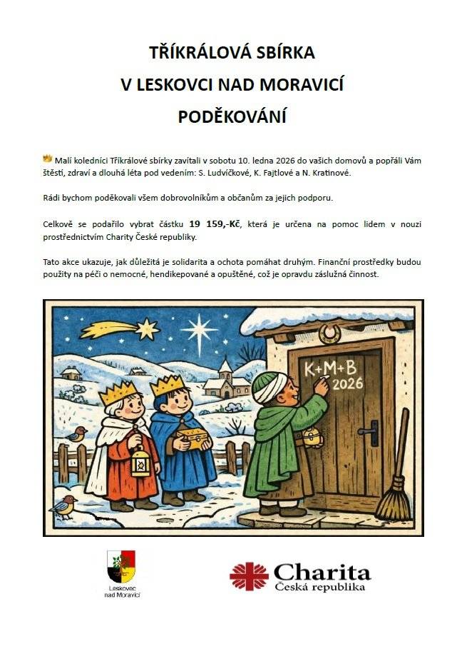 Obec Leskovec nad Moravicí děkuje všem občanům za jejich štědrou podporu během Tříkrálové sbírky. Vybraná částka pomůže mnoha lidem v těžkých životních situacích. https://www.leskovecnadmoravici.eu/akce-a-volny-cas/aktuality/trikralova-sbirka-806cs.html