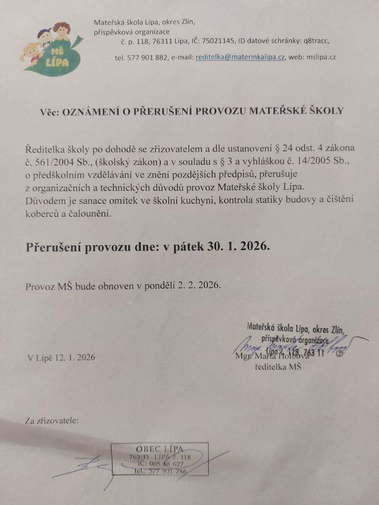 Přerušení provozu v pátek 30.1.2026.