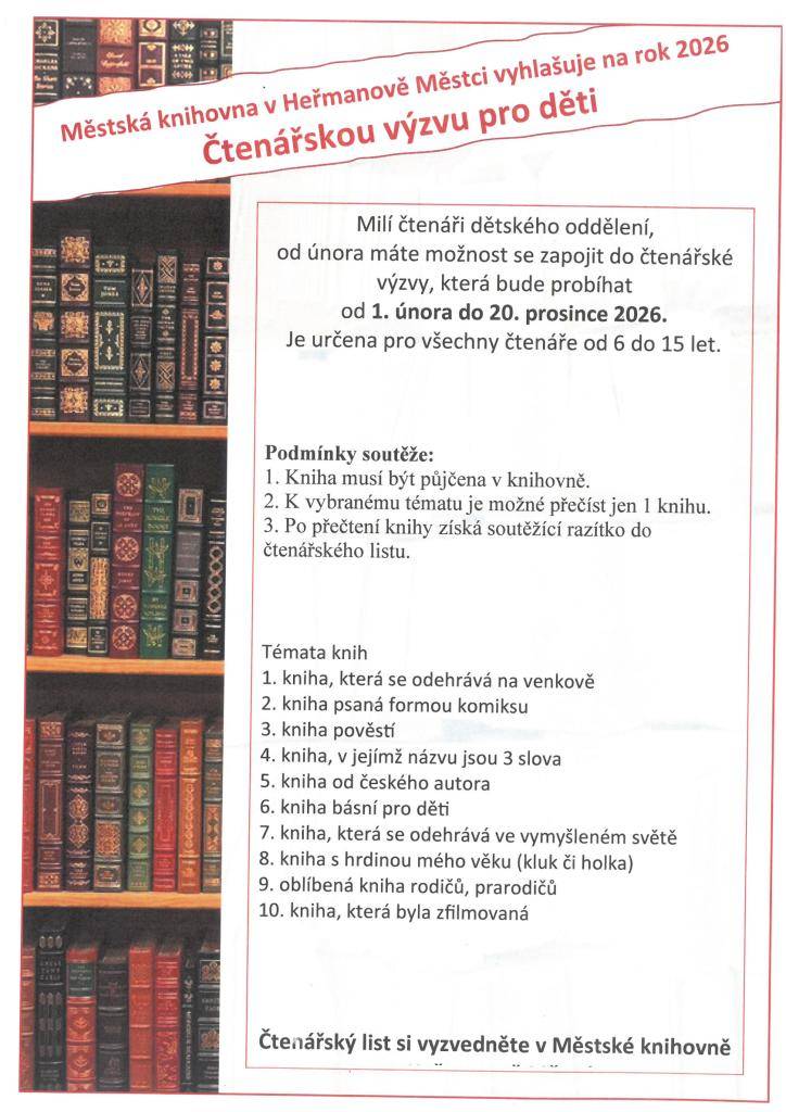 Městská knihovna v Heřmanově Městci vyhlašuje na rok 2026 "Čtenářskou výzvu pro děti".