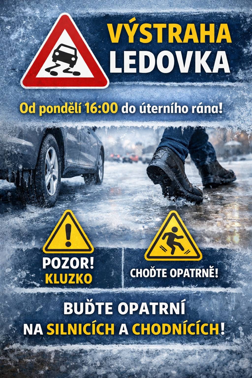 Vážení spoluobčané, ČHMÚ vydal nejen pro naši oblast od dnešní 16. hodiny do úterý 13.1. výstrahu před nebezpečnou ledovkou, která dle předpokladů pokryje nejen celý Ústecký kraj (bude pršet na namrzlou zem). Tento jev může i déle přetrvávat. V těchto případech je jakákoliv údržba místních komunikací málo účinná či dokonce neúčinná. Ačkoli se budeme snažit udržovat komunikace schůdné a sjízdné, nemusí se nám to úplně dařit. Prosíme proto všechny občany, aby nejlépe vůbec nechodili či nevyjížděli ven, pokud to nebude nezbytně nutné. V opačném případě se prosím venku pohybujte s maximální opatrností.