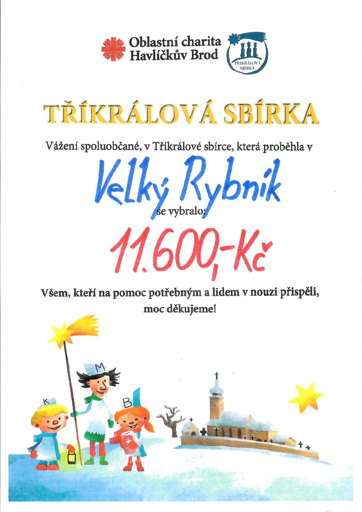 Vážení spoluobčané, v Tříkrálové sbírce, která proběhla v naší obci se vybralo celkem 11.600,-Kč.  Všem, kteří na pomoc potřebným a lidem v nouzi přispěli, moc děkujeme!