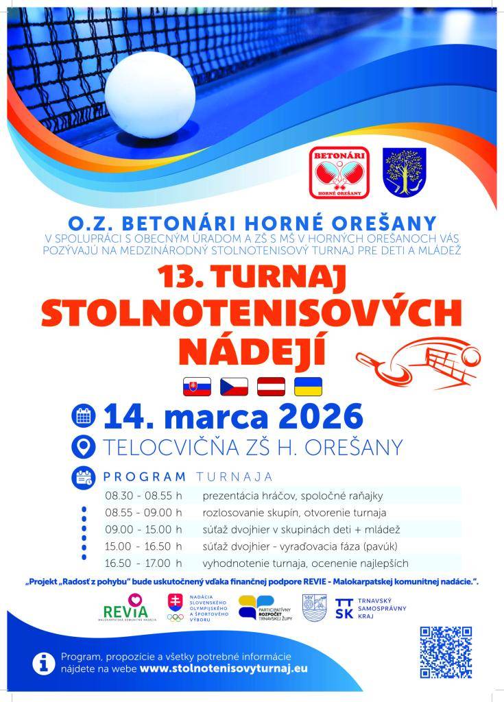 Stolnotenisový turnaj pre neregistrované deti a mládež do 18 rokov sa koná v sobotu 14.3.2026 od 9:00 v telocvični v areáli ZŠ a MŠ Horné Orešany. Z organizačných dôvodov prosíme o vopred zaslanú prihlášku prostredníctvom online formulára na nižšie uvedenom odkaze: