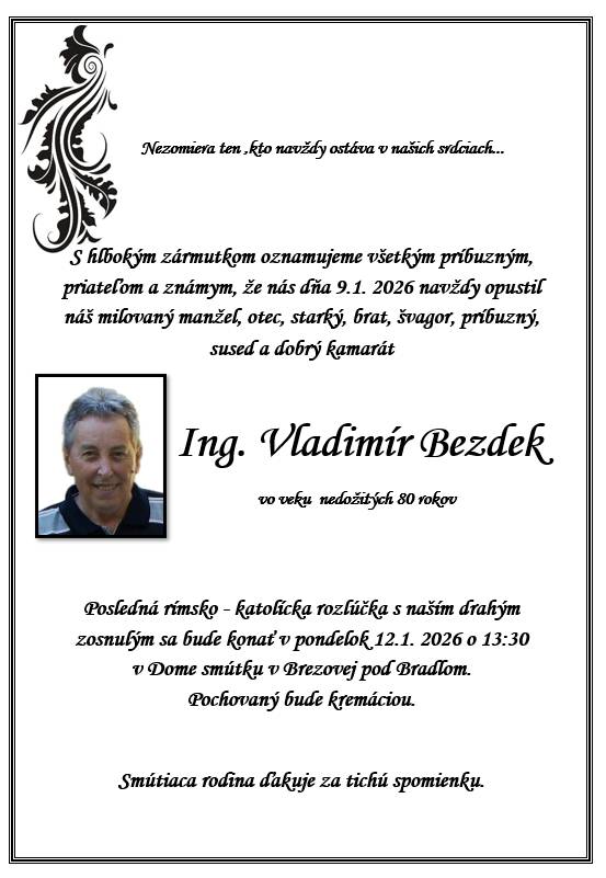 Smútočné oznámenie - Ing. Vladimír Bezdek
