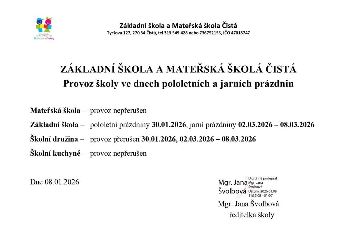 Mateřská škola a školní jídelna - provoz nepřerušen.