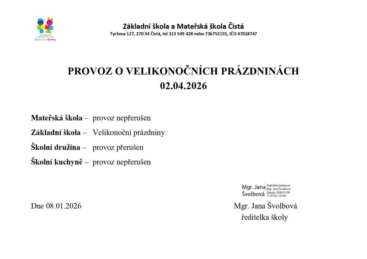Mateřská škola a školní jídelna - provoz nepřerušen.