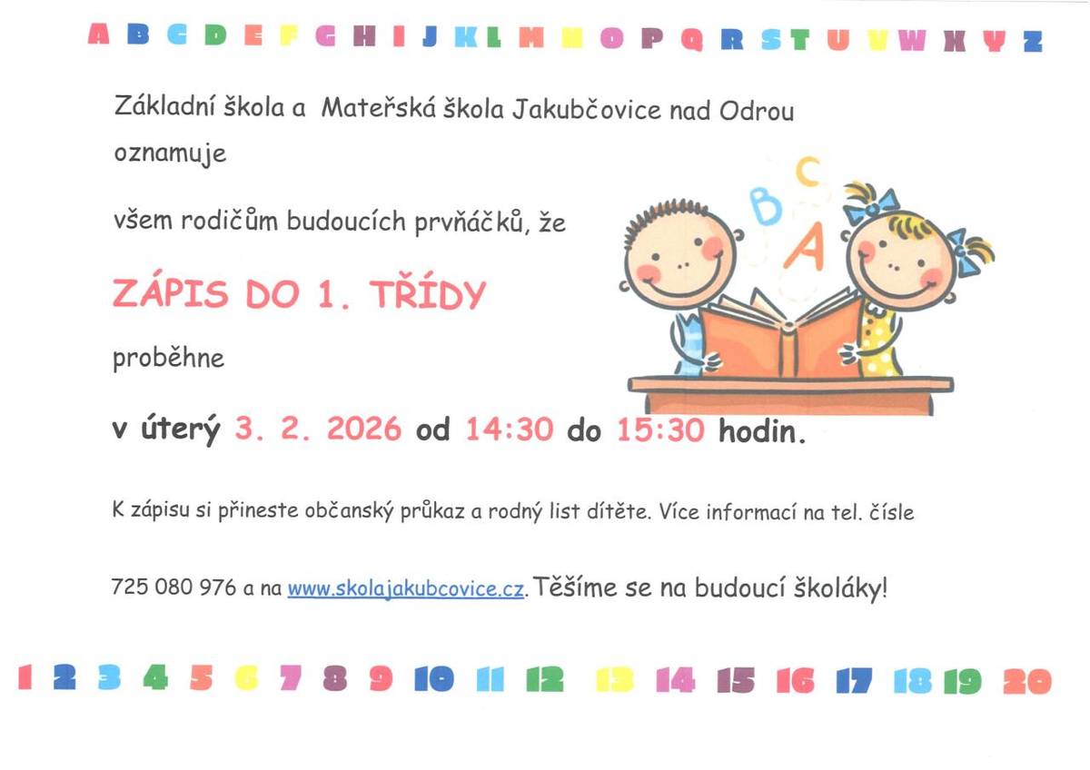 Zápis proběhne v úterý 3. 2. 2026 v době od 14:30-15:30 hodin.