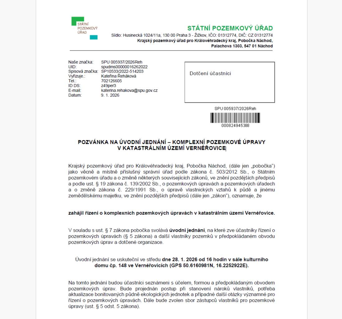 POZVÁNKA NA ÚVODNÍ JEDNÁNÍ – KOMPLEXNÍ POZEMKOVÉ ÚPRAVY V KATASTRÁLNÍM ÚZEMÍ VERNÉŘOVICE