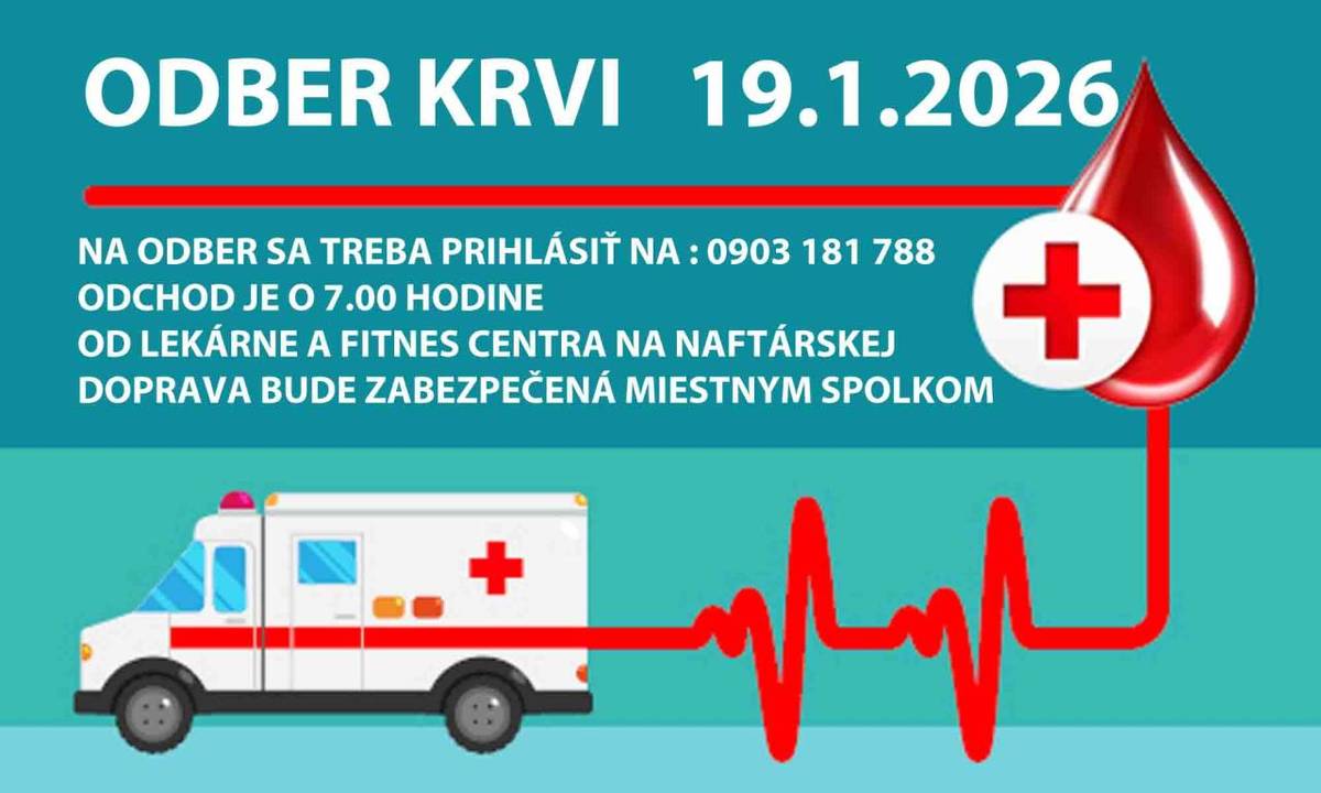 Miestny spolok Slovenského Červeného kríža Gbely oznamuje darcom krvi, že dňa 19. januára 2026 (v pondelok) sa uskutoční hromadný odber krvi v Skalici.