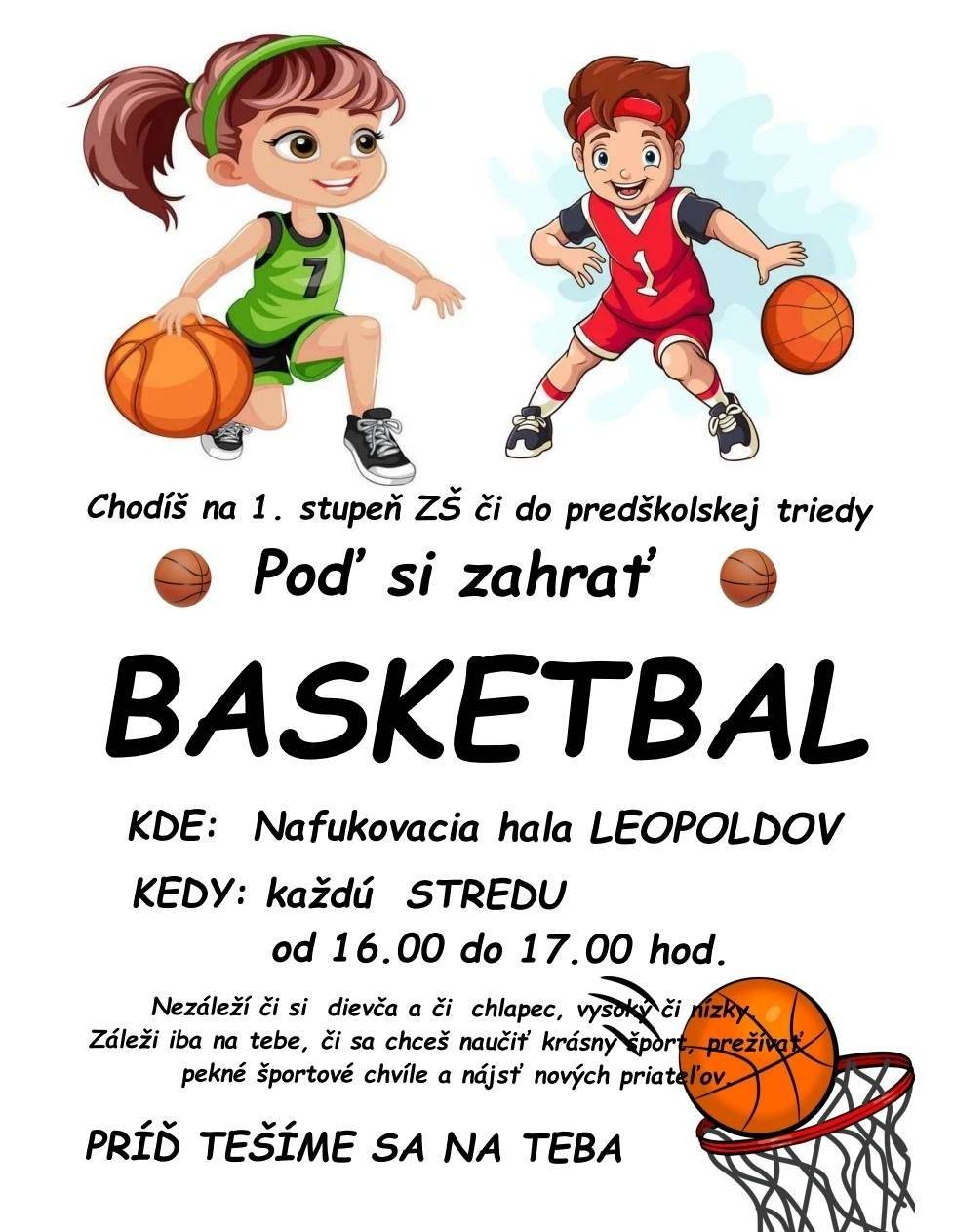 ✅Chodíš na 1. stupeň ZŠ či do predškolskej triedy?  Poď si zahrať basketbal! ➡️KDE? Nafukovacia hala Leopoldov ➡️KEDY? Každú stredu od 16:00 h do 17:00 h 🧡Nezáleží na tom, či si dievča alebo chlapec, vysoký alebo nízky. Záleží iba na tebe, či sa chceš naučiť krásny šport, prežívať pekné športové chvíle a nájsť nových priateľov.  🫶Príď, tešíme sa na teba!