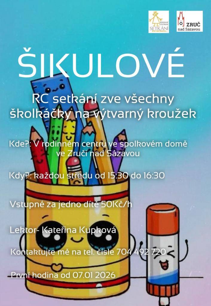 RC Setkání zve všechny školkáčky na výtvarný kroužek ŠIKULKOVÉ. Kroužek se bude konat každou středu od 15:30 do 16:30 v herničce RC. Vstupné 50 Kč/dítě. Kroužkem bude provázet lektorka Kateřina Kupková. První hodina již 7. 1. 2026. Těšíme se na vás.