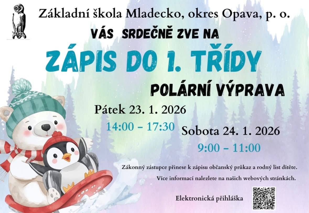 Základní škola Mladecko - zápis do 1. třídy - 23. a 24. 1. 2026