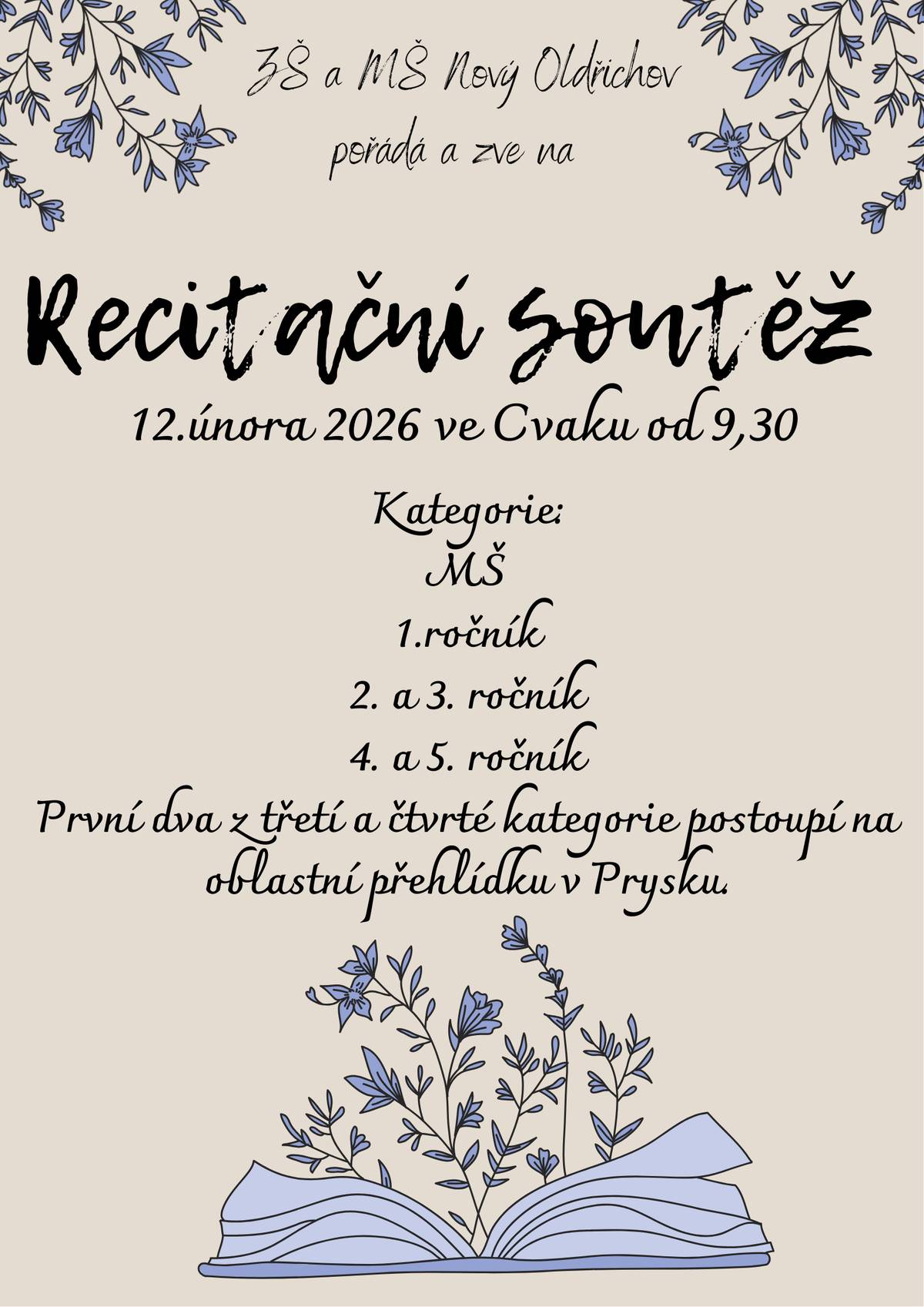 ZŠ a MŠ Nový Oldřichov zve na RECITAČNÍ SOUTĚŽ, která se koná 12. 2. 2026 od 9:30 hodin na sále CVAKU.