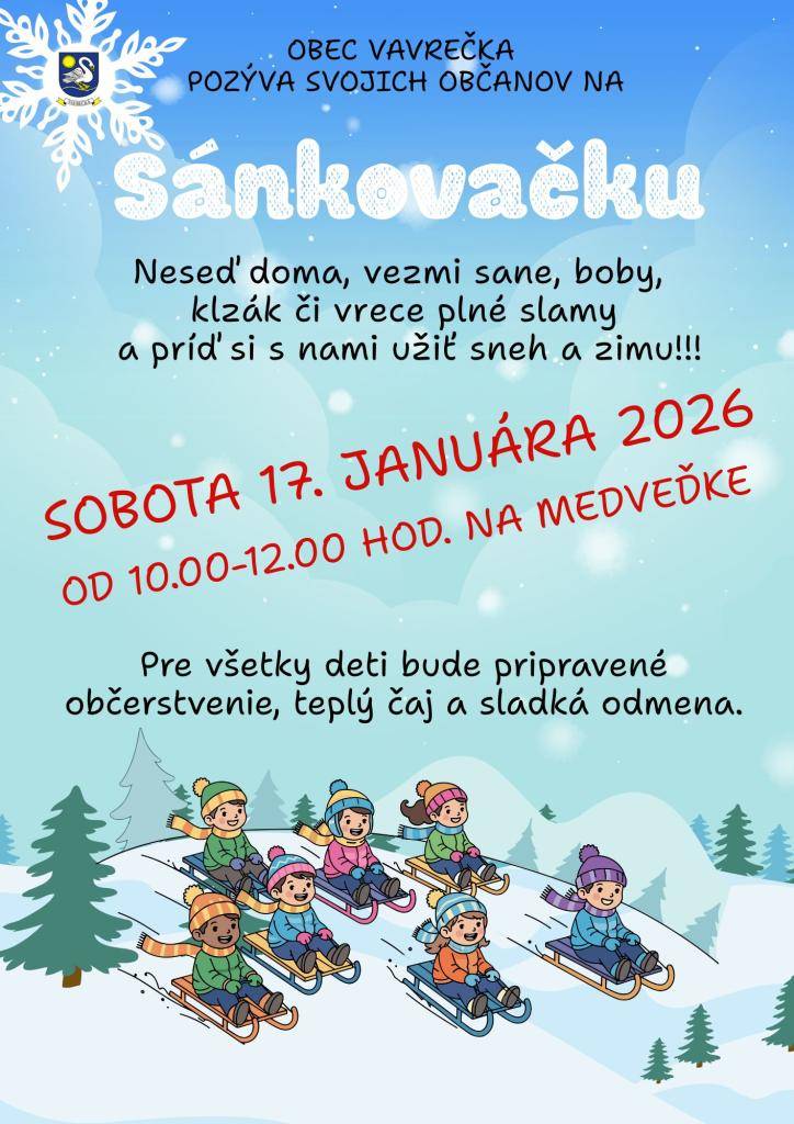 Srdečne Vás pozývame na spoločnú sánkovačku, ktorá sa uskutoční v sobotu 17.1.2026 od 10:00-12:00 hod. na Medveďke. Tešíme sa na Vás!