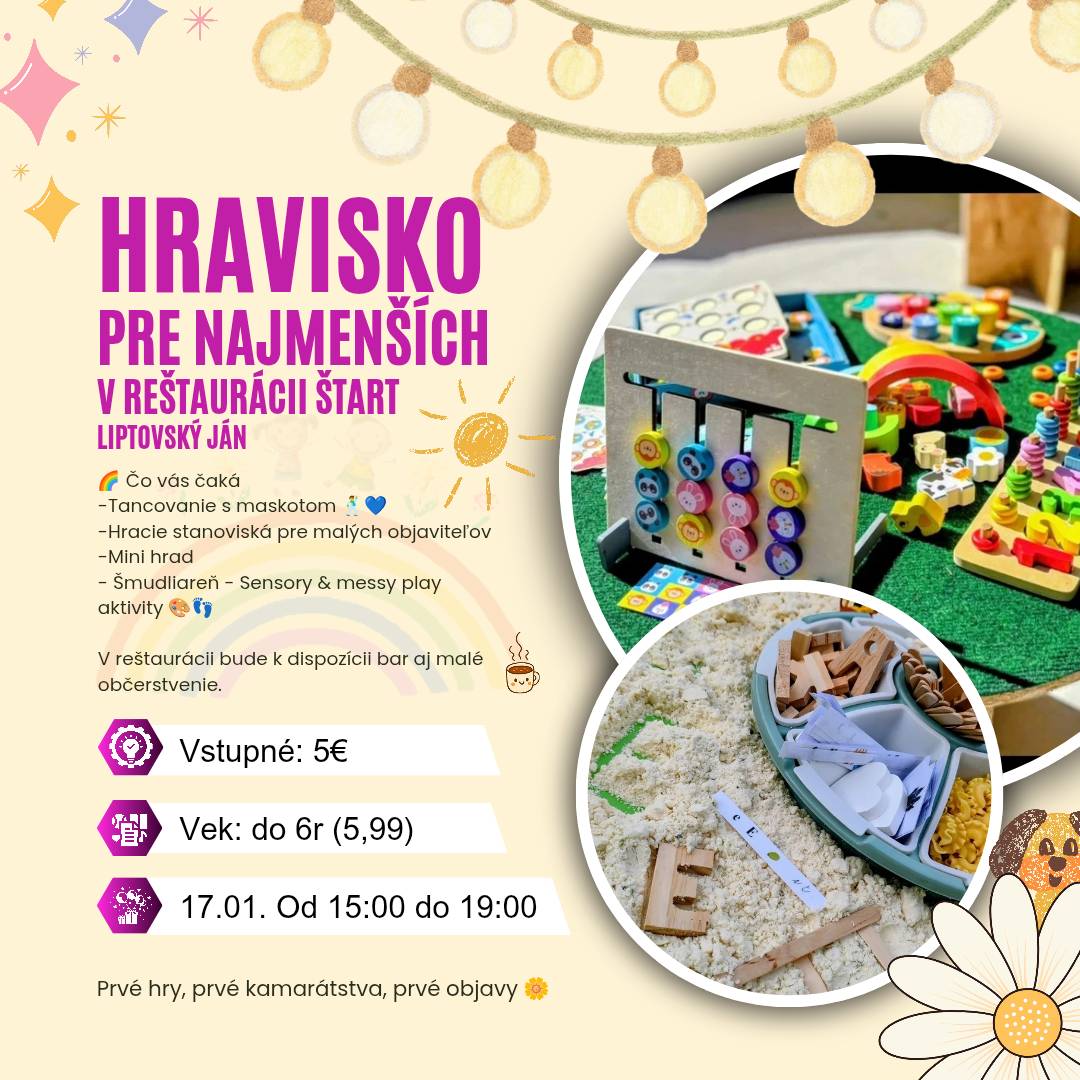Pozývame všetky detičky a ich rodičov na HRAVISKO PRE NAJMENŠÍCH. Príďte sa zahrať, zabaviť a stráviť príjemné poobedie v reštaurácii Štart. Tešíme sa na Vás!