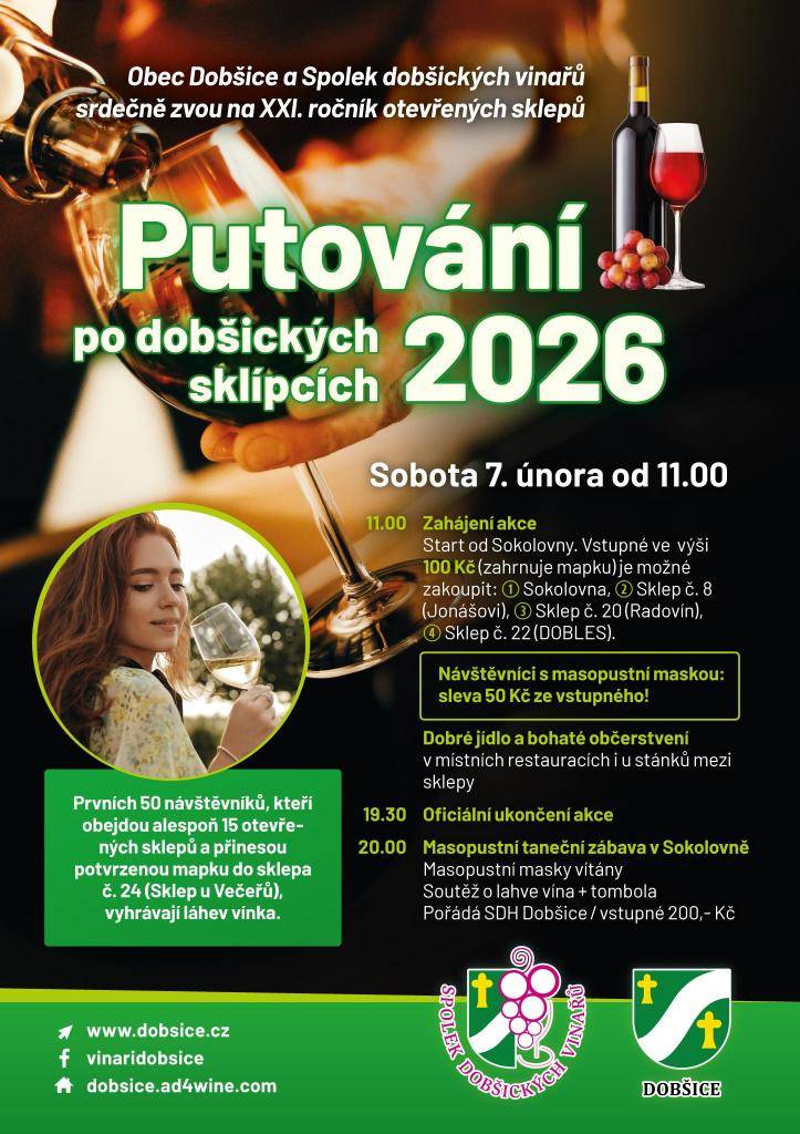 Obec Dobšice a Spolek dobšických vinařů vás srdečně zvou na XXI. ročník otevřených sklepů, který se koná v sobotu 7. února od 11:00. Start akce bude od Sokolovny, vstupné činí 100 Kč. Návštěvníci mohou očekávat dobré jídlo a bohaté občerstvení v místních restauracích i na stáncích mezi sklípky. Prv