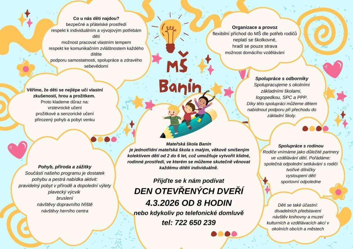 DEN OTEVŘENÝCH DVEŘÍ V MŠ BANÍN 4. 3. 2026 OD 8:00 HOD.