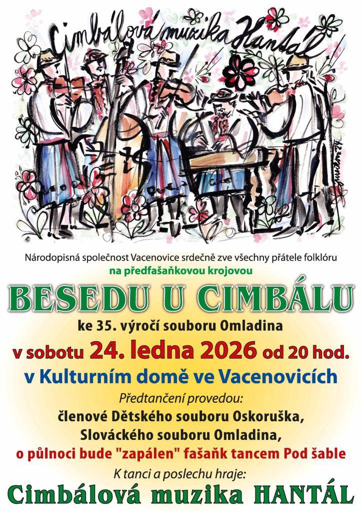 Národopisná společnost Vacenovice všechny srdečně zve na večer dobré muziky a písní.  24.1.2026 od 20 hod v přísálí KD Vacenovice.