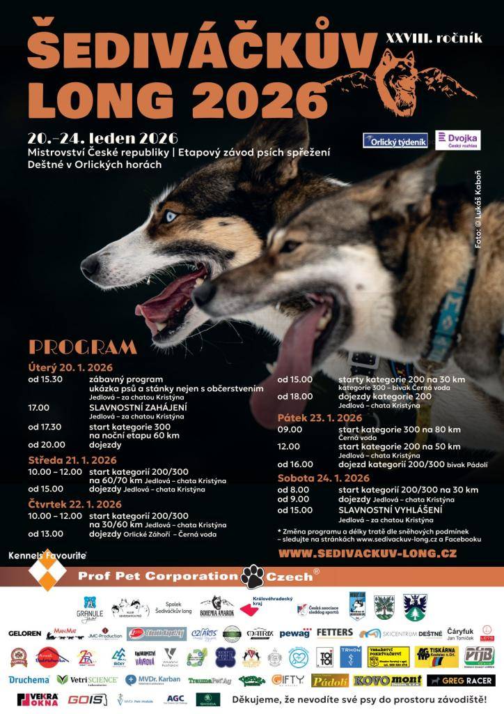 Mistrovství České republiky v psím spřežení se koná od 20. do 24. ledna 2026 v Deštném v Orlických horách. Závody zahrnují různé kategorie, včetně 200, 300 a 500, s různými tratěmi od 30 km do 80 km. Akce začne slavnostním zahájením 21. ledna v 17:00 a návštěvníci se mohou těšit na zábavný program a