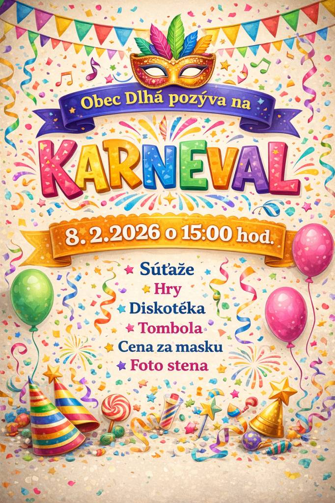 Obec Dlhá pozýva deti a rodičov na karneval, ktorý sa uskutoční dňa 8. februára 2026 o 15:00 hod. v Kultúrnom dome v Dlhej.