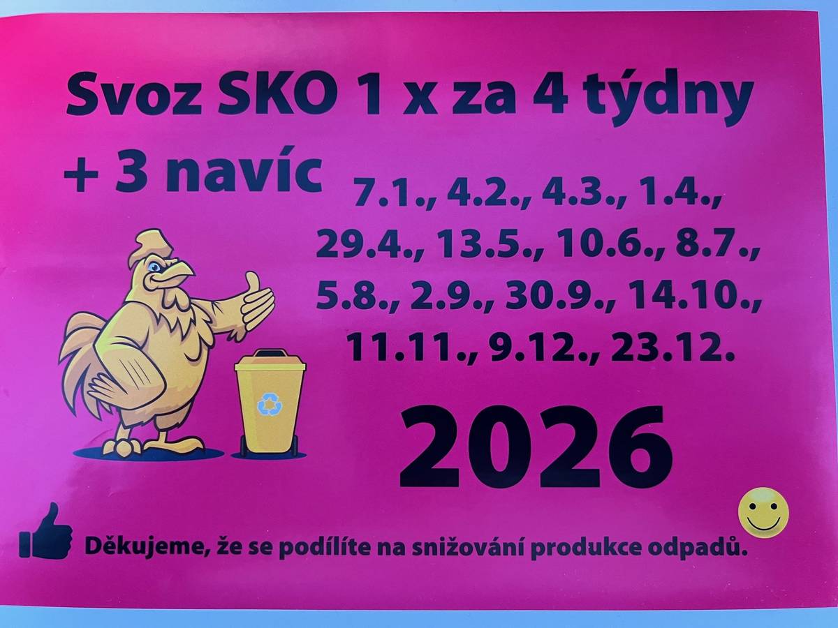 LEVNÉ ODPADY 2026. Dobrý den, připomínáme, že v pondelí 19.1.uplyne termín pro úhradu úsporného odpadového programu. Měsíční svoz stojí 500 Kc/os/rok, 14denní 1200 Kc/os/rok. Po tomto termínu již nebude možné se přihlásit!!