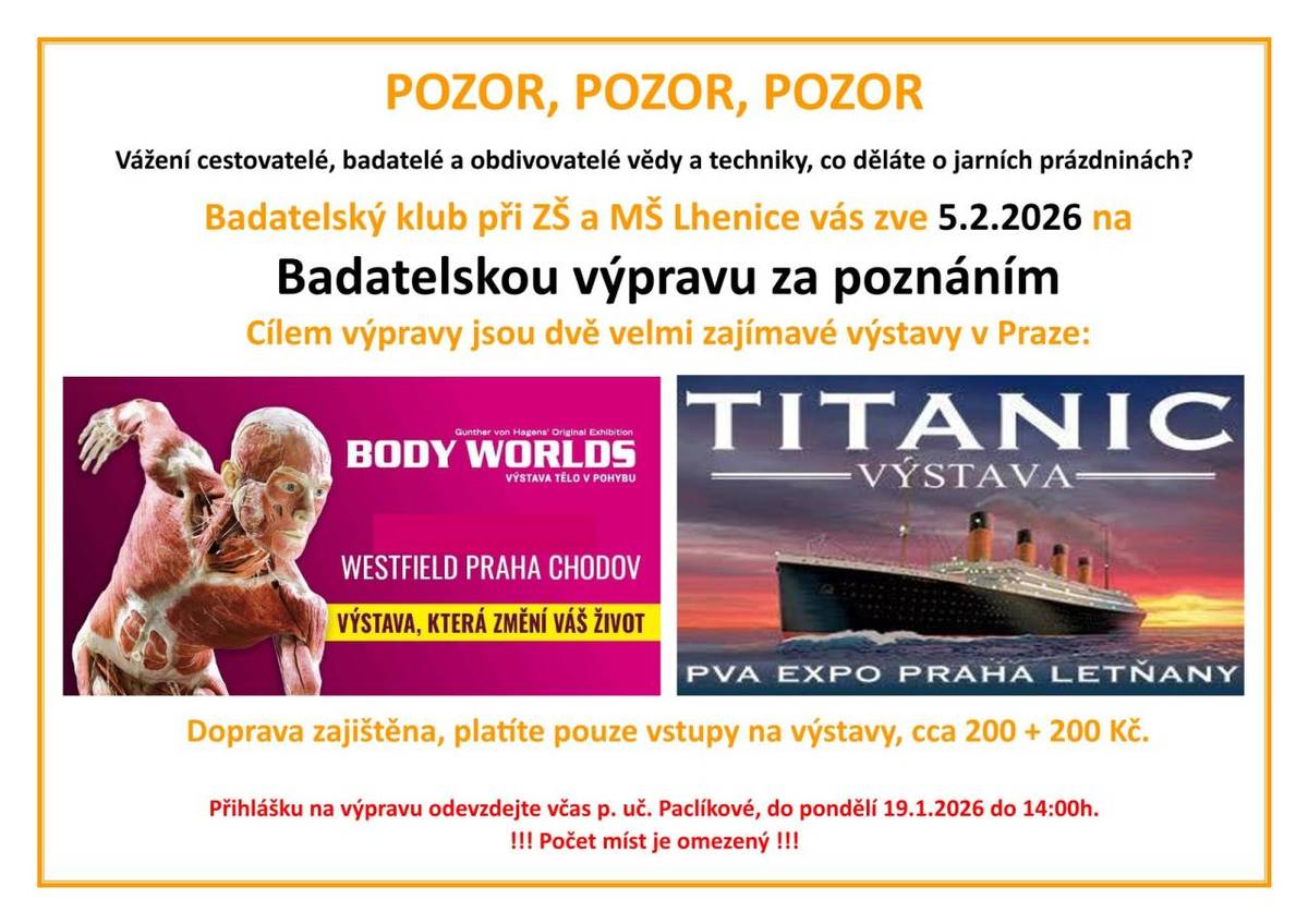 Badatelský klub při ZŠ a MŠ Lhenice vás zve 5.2.2026 na  Badatelskou výpravu za poznáním.