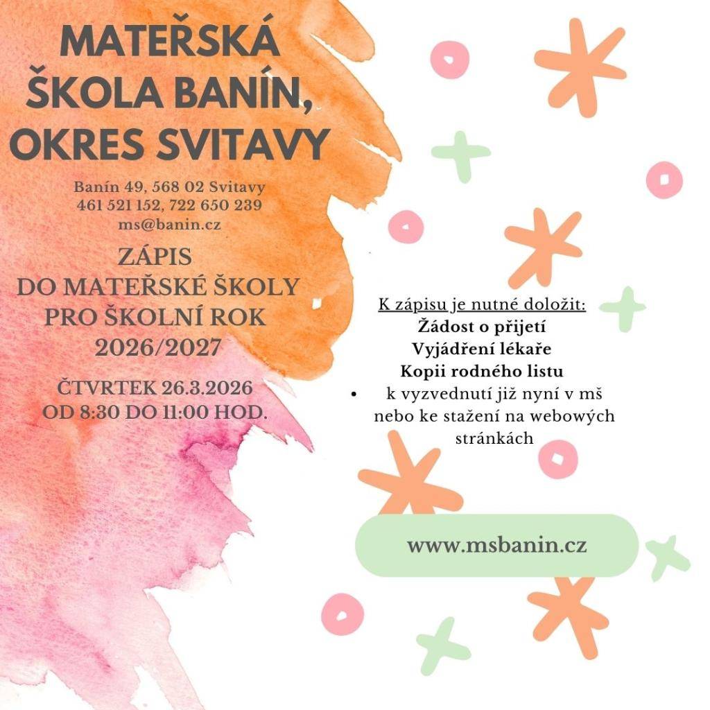 ZÁPIS DO MATEŘSKÉ ŠKOLY BANÍN PRO ŠKOLNÍ ROK 2026/2027