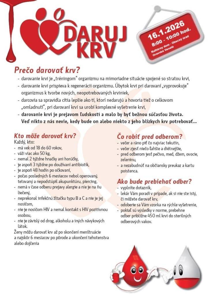 V piatok 16. 01. 2025 pozývame na darcovskú akciu Veselovská kvapka krvi.   Odber bude v sále Kultúrneho domu Oravskom Veselom v čase od 8:00 hod. do 10:00 hod.