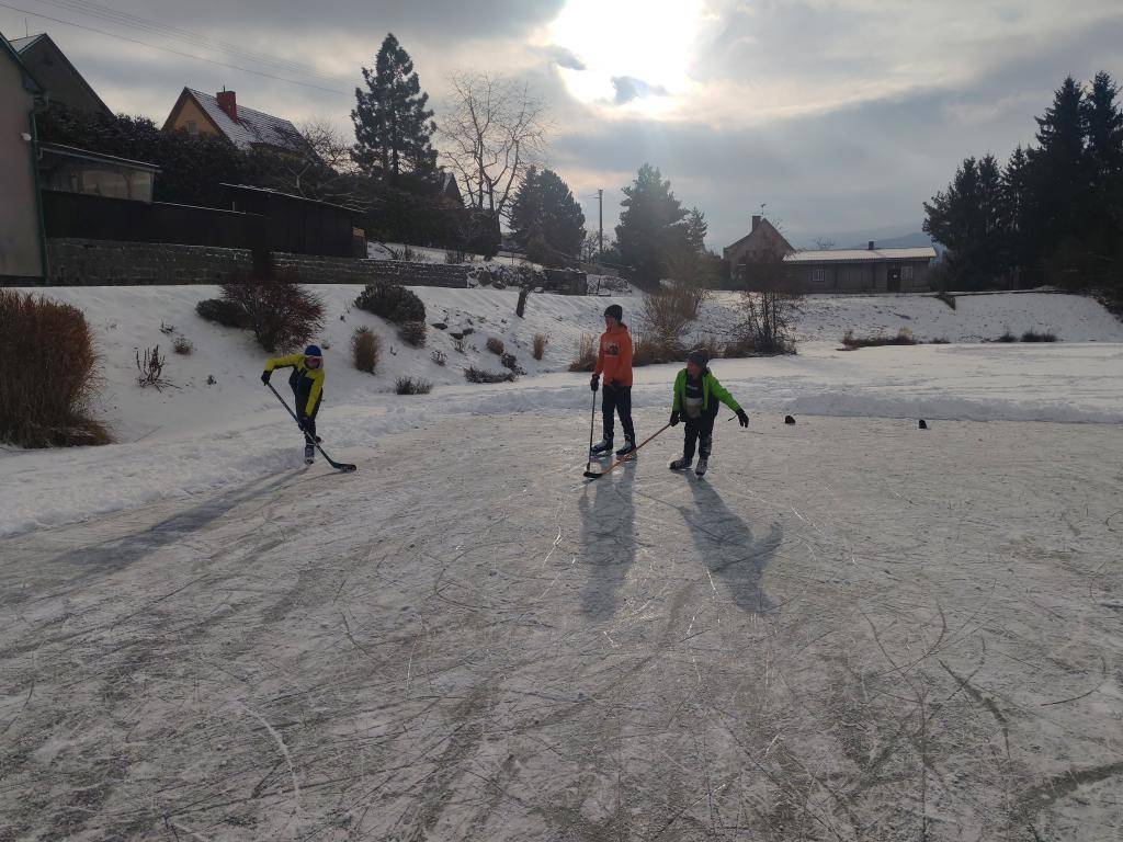V rámci hodin tělesné výchovy využily děti 3. - 9. ročníků zamrzlé rybníky k bruslení.