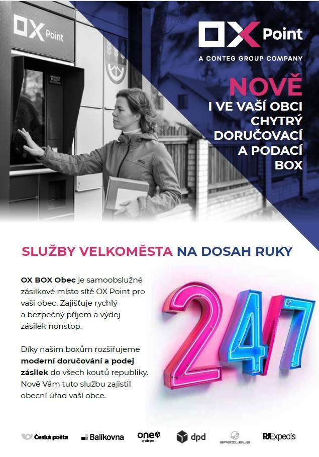 U obecního úřadu byl nově instalován doručovací a podací box OX POINT.   Slouží k pohodlnému vyzvednutí i odeslání zásilek.