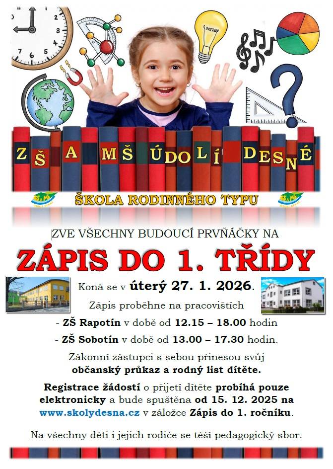 > v úterý 27. 1.2026 proběhne zápis do 1.třídy  > ZŠ Rapotín v době od 12.15 - 18.00 hodin  > ZŠ Sobotín v době od 13.00 - 17.30 hodin  Registrace žádostí probíhá pouze elektronicky na www.skolydesna.cz v záložce Zápis do 1.ročníku