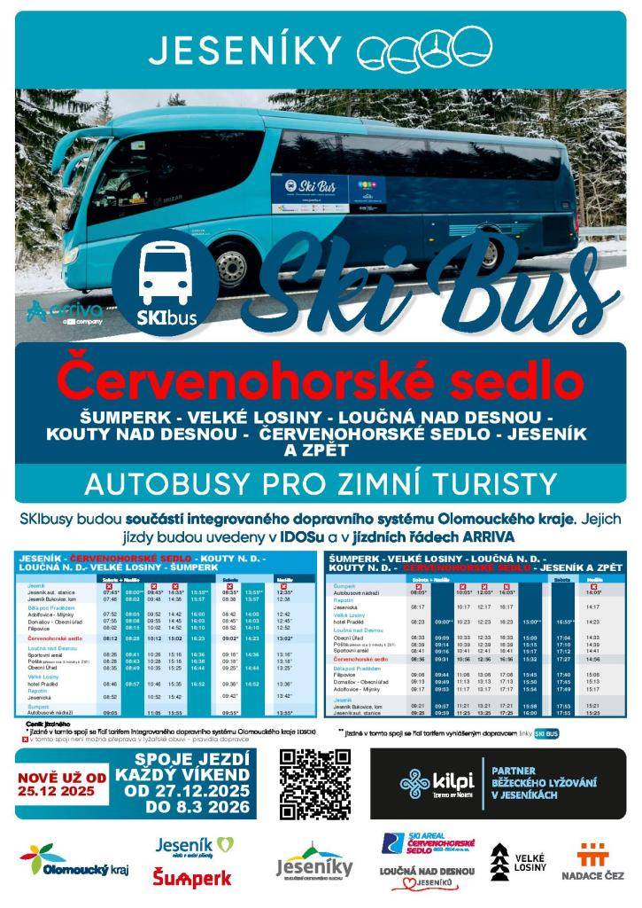 Skibus bude jezdit každým víkendem až do března 2026. Skibus bude jezdit ze Šumperka a z Jeseníku, a jeho cílem je pohodlně dopravit lyžaře a běžkaře na Červenohorské sedlo.