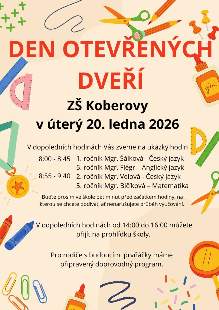 Den otevřených dveří se bude konat 20. ledna 2026 v Základní škole Koberovy. Během dopoledne se uskuteční ukázky vyučovacích hodin, kde si můžete prohlédnout, jak probíhá výuka v různých ročnících. Pro rodiče budoucích prvňáčků bude připraven doprovodný program.