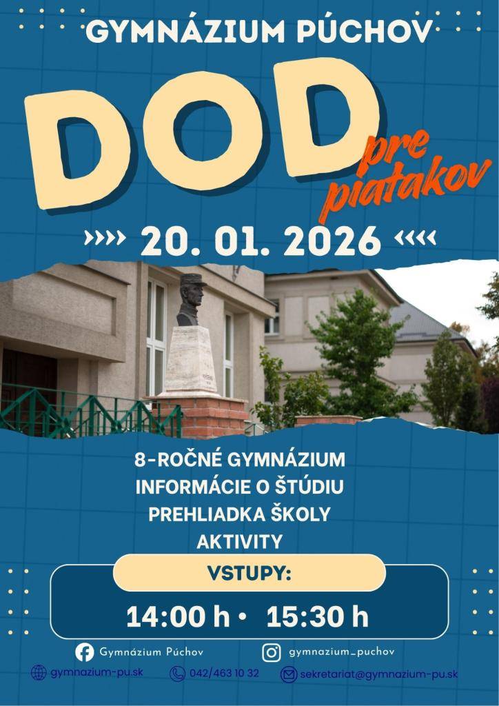 Gymnázium Púchov pozýva žiakov 5. ročníka a ich rodičov na Deň otvorených dverí dňa 20.1.2026.