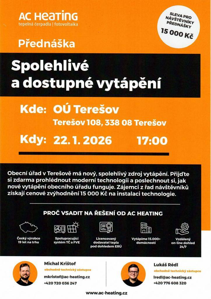 Na obecním úřadu v Terešově byl instalován nový zdroj vytápění - tepelné čerpadlo vzduch-voda, který si budete moci prohlédnout.