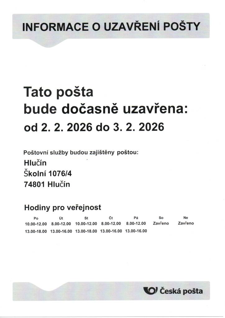 Ve dnech 2.2.2026 a 3.2.2026 bude dočasně uzavřena pošta Partner Děhylov.