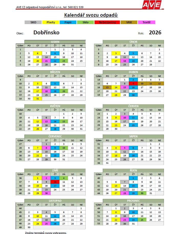 Obec Dobřínsko informuje občany o kalendáři svozu odpadů na rok 2026. Všechny důležité termíny a informace naleznete v příloze této aktuality a nebo na oficiálních stránkách obce pod odkaze: https://www.dobrinsko.eu/obec/odpady/terminy-svozu-odpadu/
