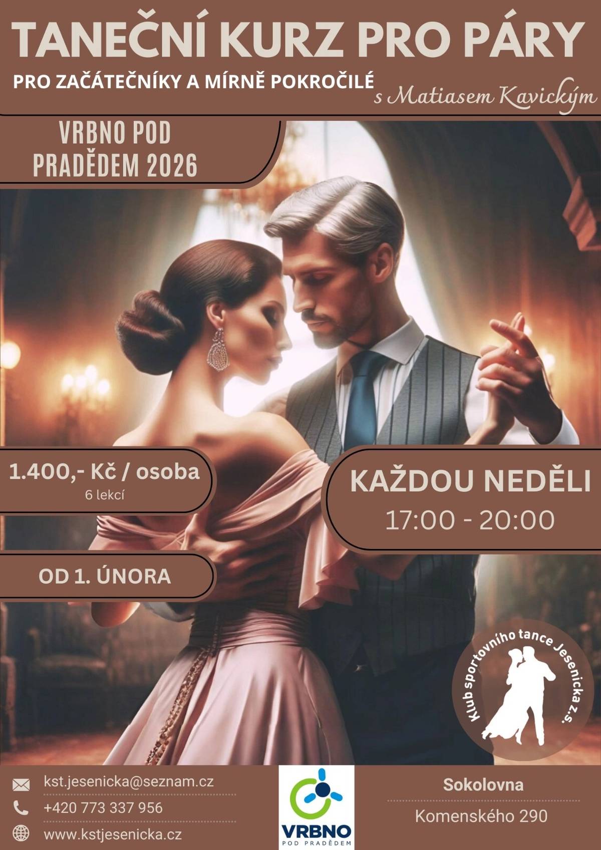 Chcete se cítit jistě na tanečním parketu? Přihlaste se do kurzu společenských tanců pro dospělé ve Vrbně pod Pradědem, který Vás provede základy i pokročilejšími kroky v příjemné atmosféře. Tento rok se můžete těšit na nové tance, mezi které patří Hustle, Bump a Disco ze 70. let. Kurz povede Matias Kavický. Více informací ke kurzu na odkaze: Kurz pro páry - Vrbno pod Pradědem :: KST Jesenicka