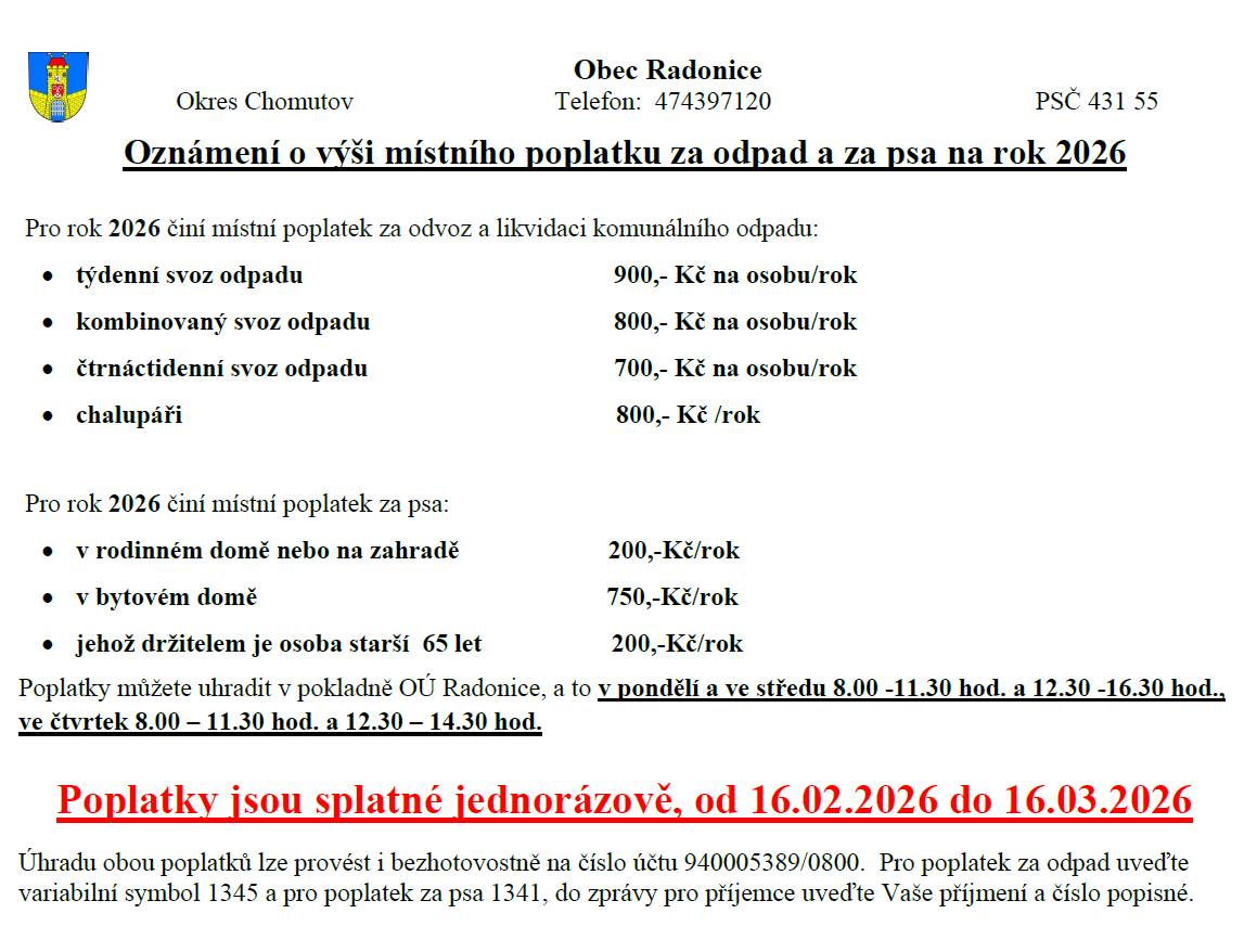 Oznámení o výši místního poplatku za odpad a za psa na rok 2026