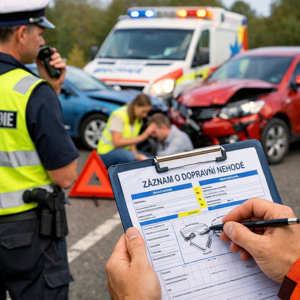 Základní přehled, jak postupovat při dopravní nehodě: jak zajistit bezpečnost, kdy volat policii a kdy vyplnit euroformulář. Stručné informace, podrobnosti jsou v přiloženém dokumentu.