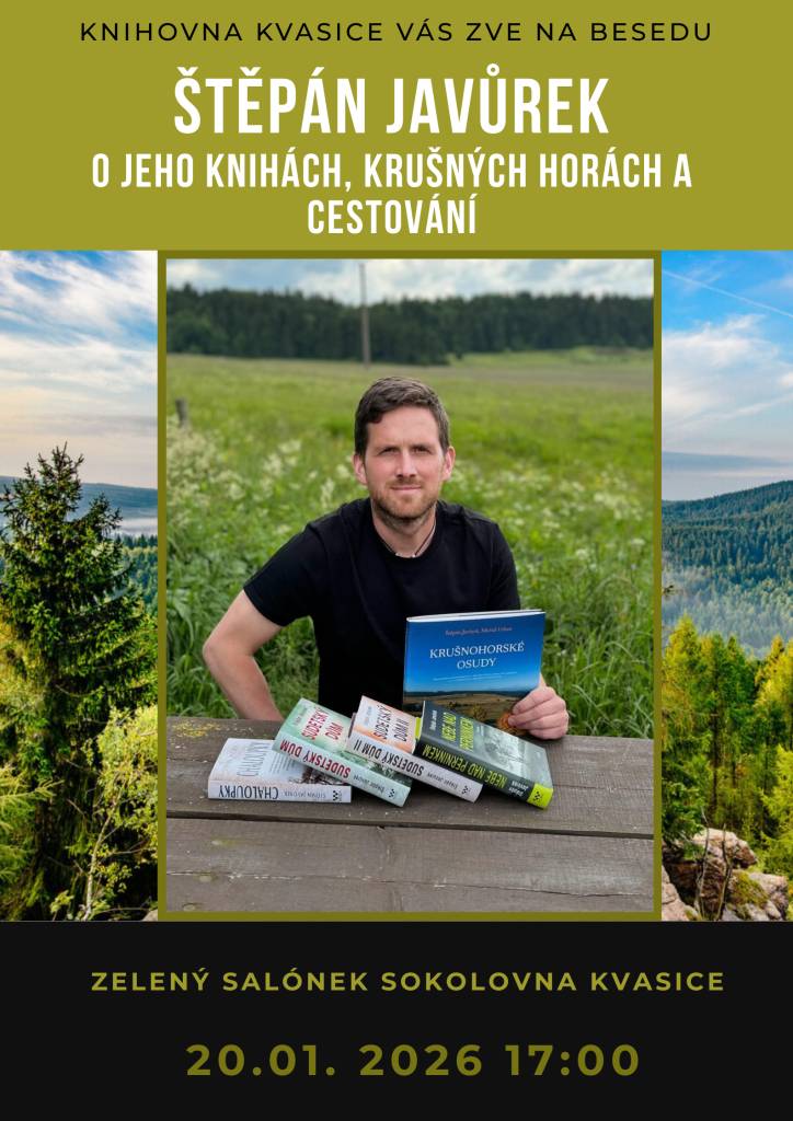Knihovna Kvasice zve na besedu se spisovatelem Štěpánem Javůrkem, autorem úspěšné trilogie Sudetský dům, která se uskuteční v úterý, 20.1., v zeleném salónku Sokolovny Kvasice. Začátek je v 17:00.