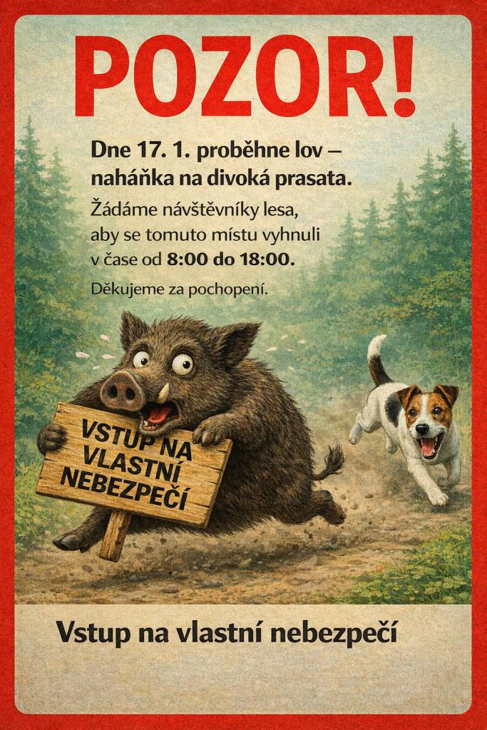Myslivecký spolek Chrasta - Líšná oznamuje, že v sobotu 17. 01. 2026 bude v katastru obce Líšná probíhat naháňka na divoká prasata. Žádáme proto návštěvníky lesa, aby se označeným lokalitám v době od 08:00 hod. do 18:00 hod. vyhnuli. Děkujeme za pochopení.
