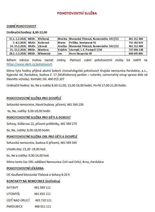 Pohotovostní služba, změny ordinační doby - únor 2026:   POHOTOVOST.doc ZMĚNY ORDINACÍ.doc