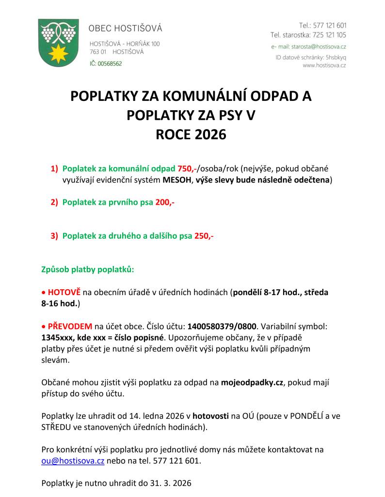 Občané mohou zjistit výši poplatku za odpad na mojeodpadky.cz, pokud mají přístup do svého účtu.    Pro konkrétní výši poplatku pro jednotlivé domy nás můžete kontaktovat na ou@hostisova.cz nebo na tel. 577 121 601.    Poplatky je nutno uhradit do 31. 3. 2026