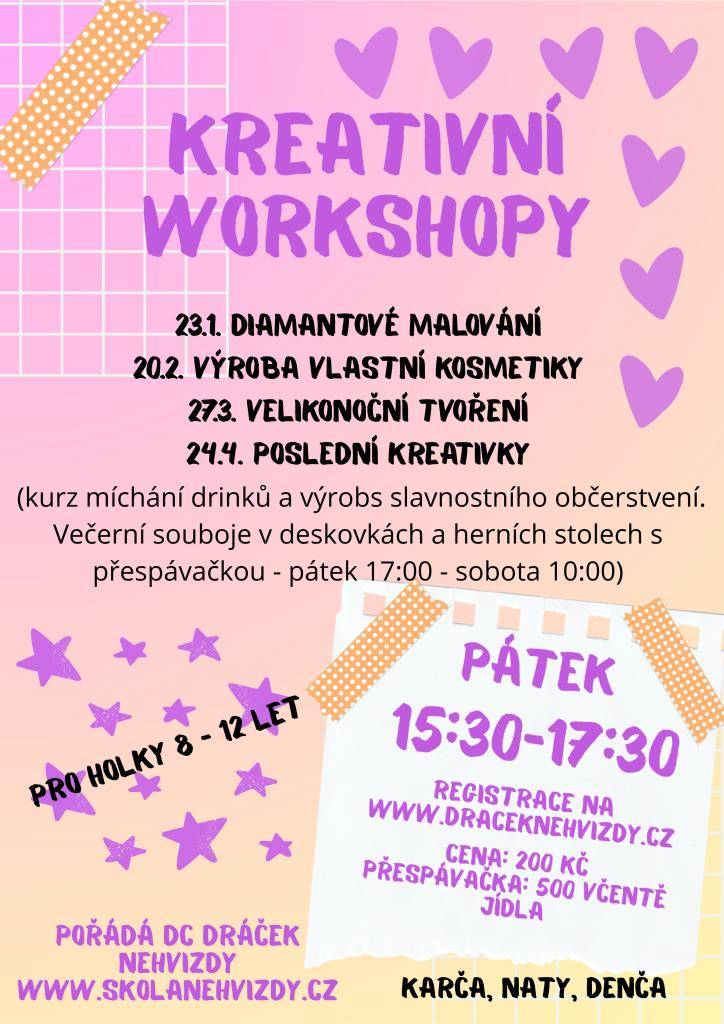 Naše kreativní workshopy jsou určeny pro všechny, kteří mají chuť tvořit a zkoušet něco nového. V nabídce jsou aktivity jako diamantové malování, výroba vlastní kosmetiky a velikonoční tvoření. Přijďte se inspirovat a strávit příjemný čas s dalšími nadšenci.