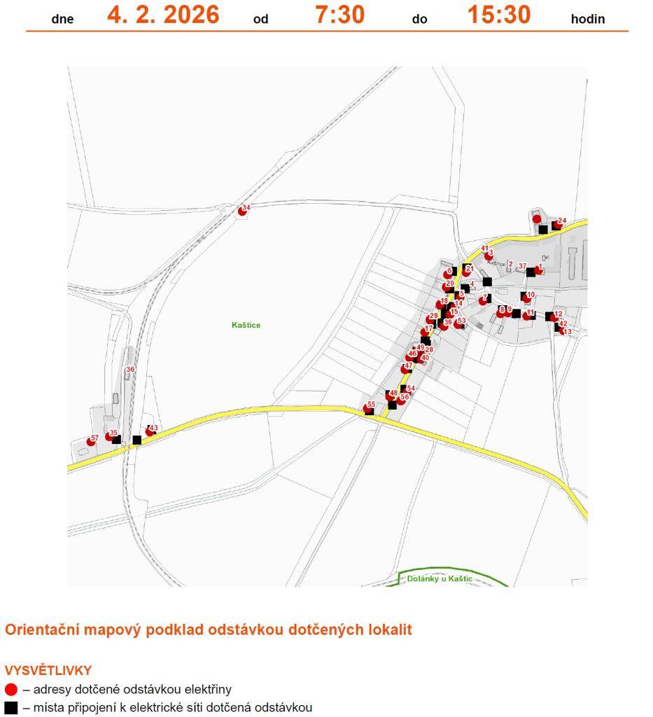 Dne 04.02.2026 od 7:30 do 15:30 bude plánovaná odstávka elektřiny v obci Kaštice.