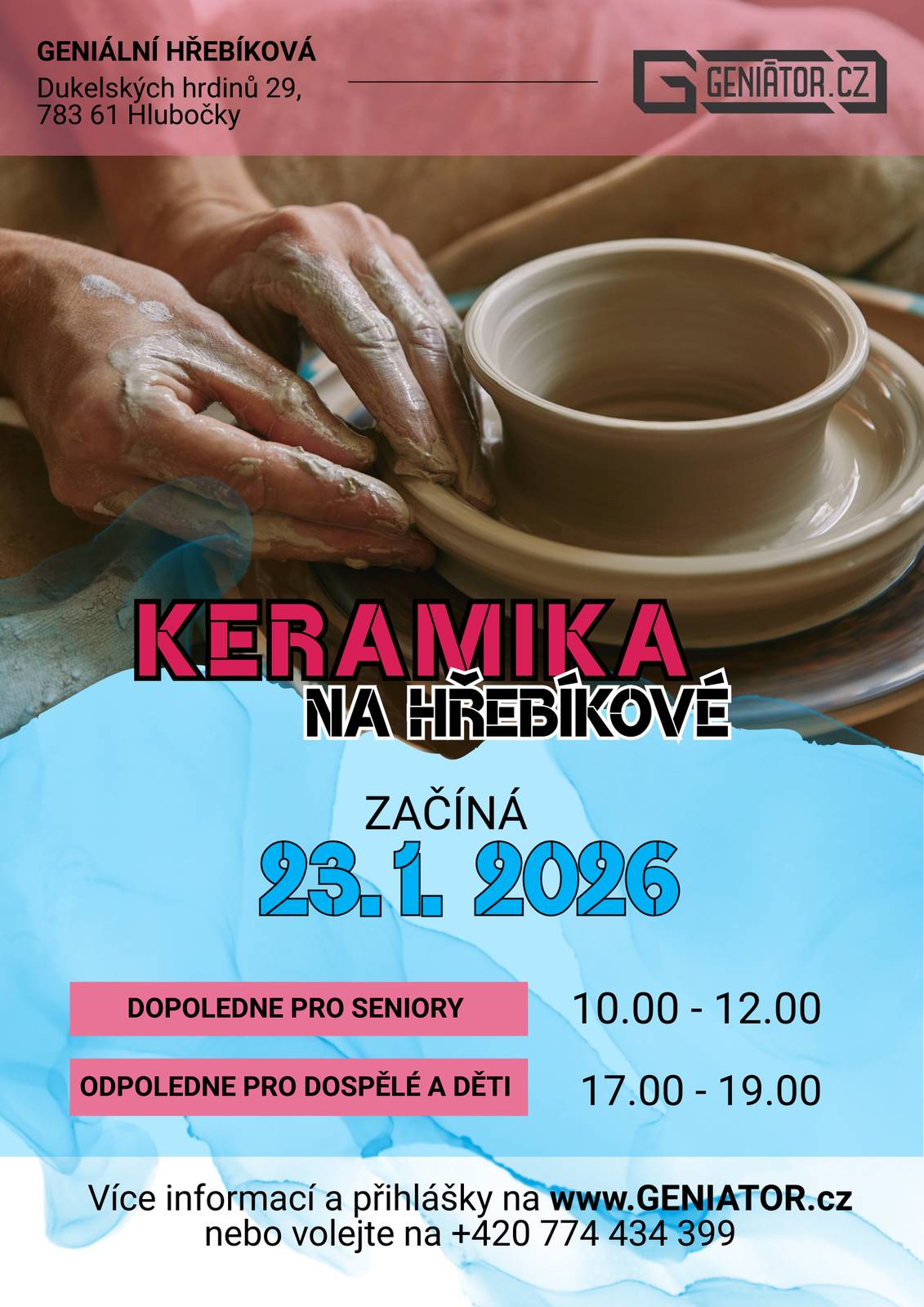 23.1.2026 opět začíná keramika na Hřebíkové. Dopoledne je určeno seniorům, odpoledne pak dospělým a dětem. Můžete se těšit na novou lektorku i hrnčířský kruh. Více informací a rezervace na www.geniator. cz nebo na 774 434 399.