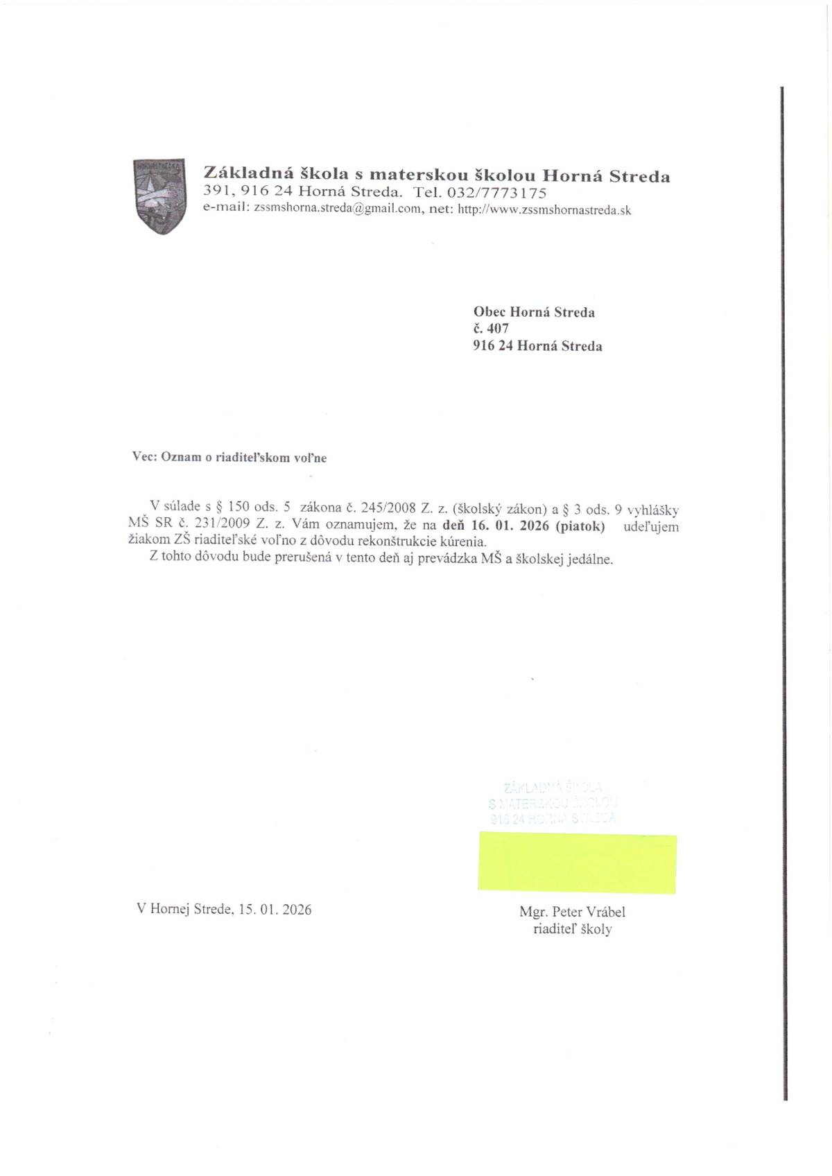 Oznam o riaditeľskom voľne.