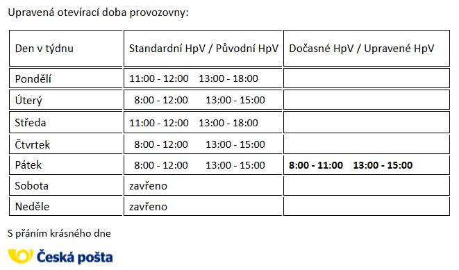 Česká pošta si dovoluje informovat o dočasné změně hodin pro veřejnost provozovny 582 82 Golčův Jeníkov. Rozsah hodin pro  veřejnost bude omezen na nezbytně nutnou dobu dne 16.1.2026 z provozních důvodů.