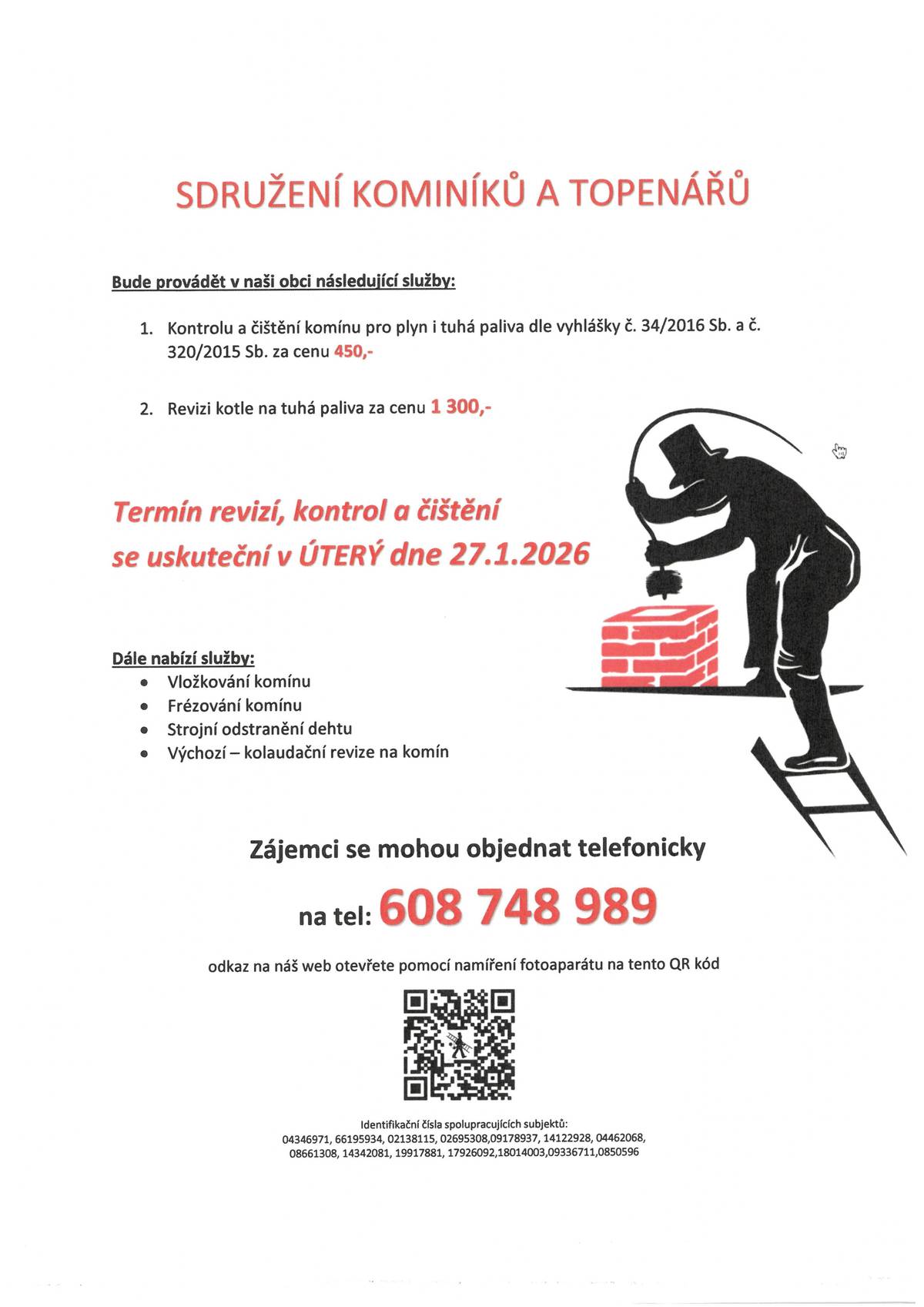 Termín revizí, kontrol a čištění komínů - úterý 27.1.2026