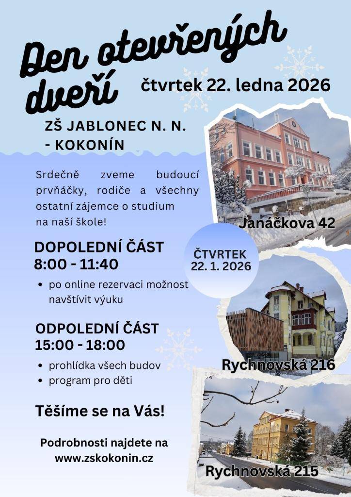 Den otevřených dveří 2026 v ZŠ Jablonec- Kokonín.